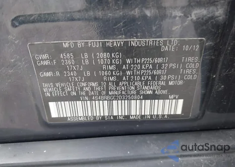 2013 Subaru Outback 2.5I Premium from USA, damaged, VIN 4S4BRBGC2D3250804